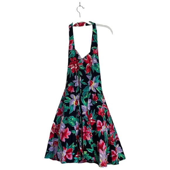 Vintage 1980s Hawaiian Halter Dress Joni Blair Dark Floral Size 11 Tropical - Picture 1 of 6